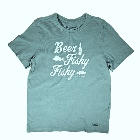 Life is Good Beer Fishy Fishy Men's T-shirt Blue/Green Size Medium Crusher - Picture 1 of 5